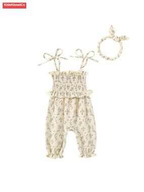 Newborn Baby Girl Sleeveless Smocked Romper with Headband